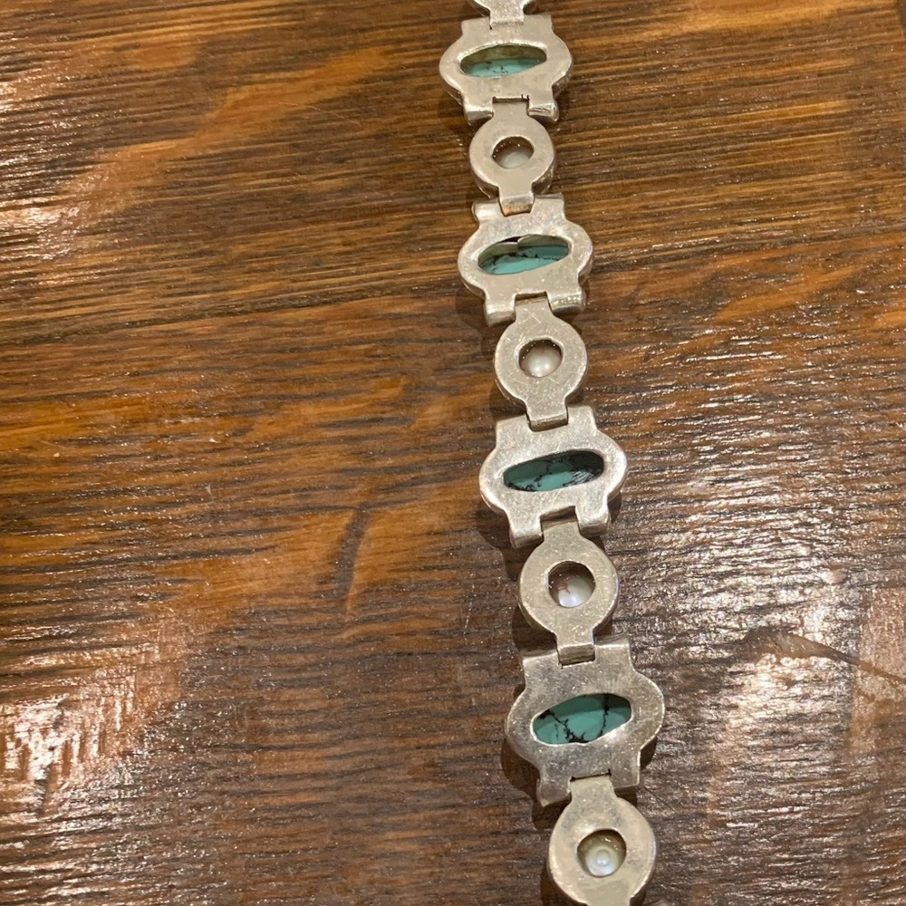 Vintage pearl and turquoise sterling silver bracelet - Picture 2 of 12